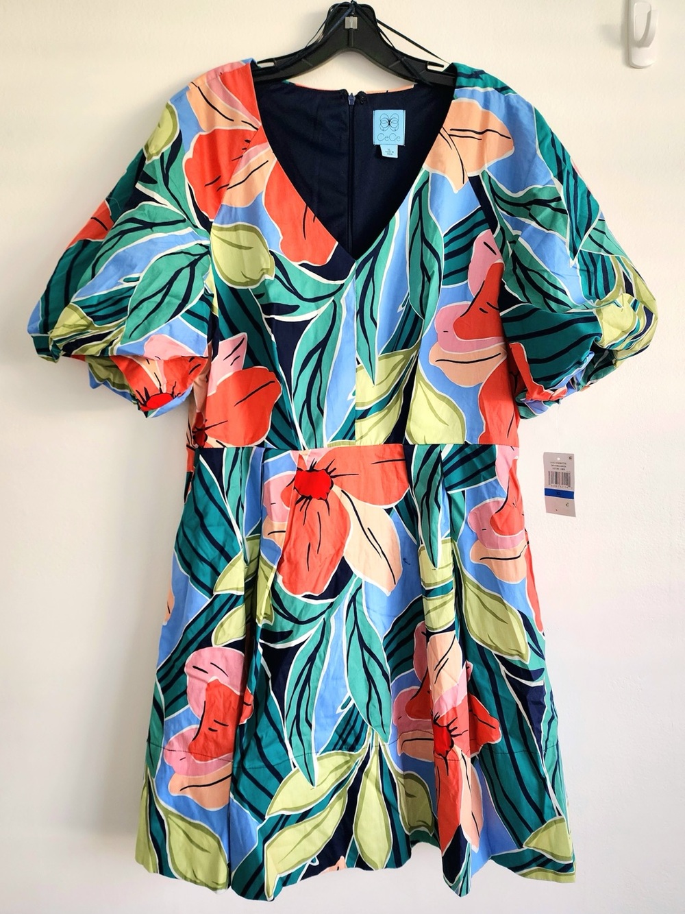 CeCe Multicolor Floral V-Neck Puff Sleeve Tropical Floral Mini Dress